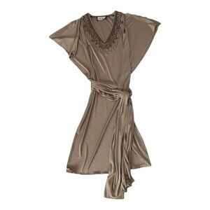 Vintage 80s Michael Maiello for Pat Richards Sash Tie Brown V-Neck Dress Women L